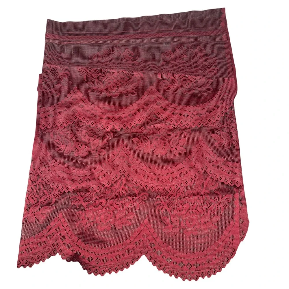 VTG 3 Burgundy Floral Lace Window Valances Scalloped Victorian Cottagecore 58x17
